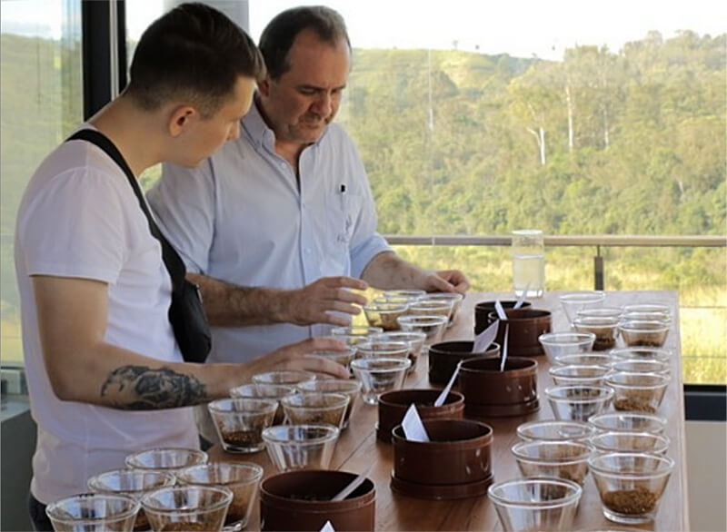 A Q-grader reviewing different varieties of Nobletree Coffee during the Specialty Coffee Cupping and Grading Process.