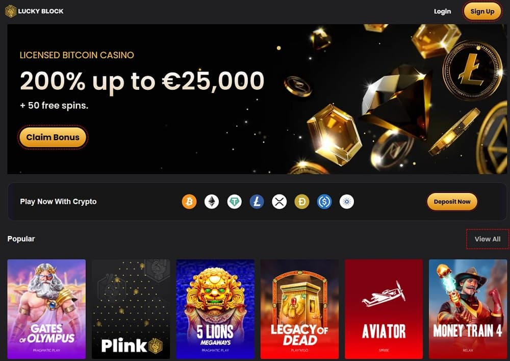 Homepage of Lucky Block Casino showcasing massive jackpots, instant crypto withdrawals, and a wide variety of Bitcoin games for high-stakes players.