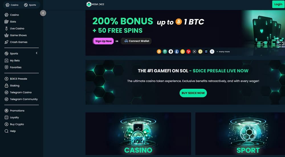 Mega Dice casino homepage highlighting provably fair dice games, simple layout, and fast deposits with multiple cryptocurrencies.